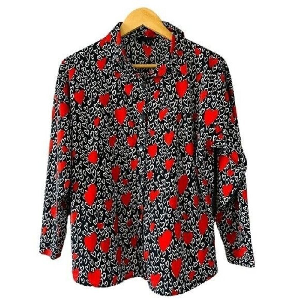 Wednesdays Girl Womens Shirt Heart Print Multicolor Long Sleeve Collared Size XS